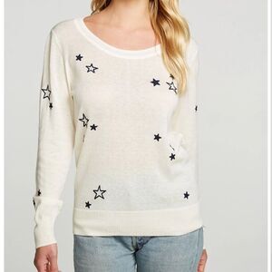 NWT Chaser Embroidery Stars Long Sleeve Crewneck Cashmere Sweater Ivory Small